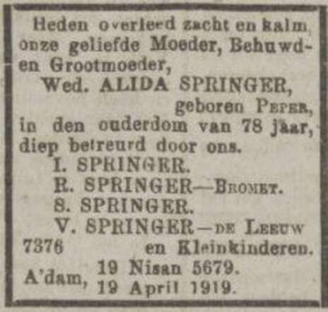 Overlijden van moeder en schoonmoeder Alida Springer-Peper.