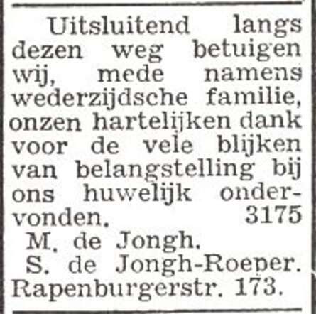 Dankbetuiging van het echtpaar Mozes en Sara de Jongh-Roeper
