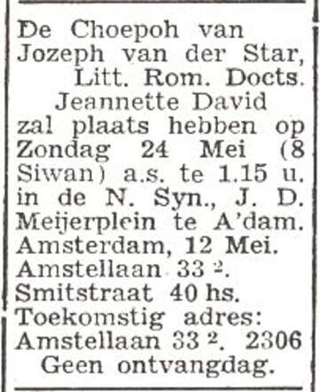 Aankondiging van de huwelijksinzegening van Jozeph van der Star en Jeannette David