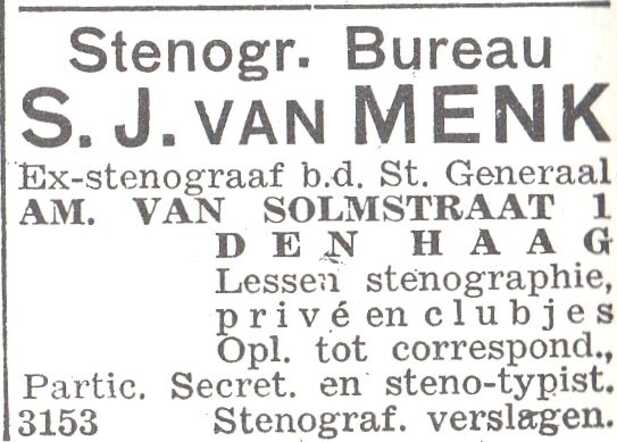 Advertentie van het stenografiebureau S.J. van Menk