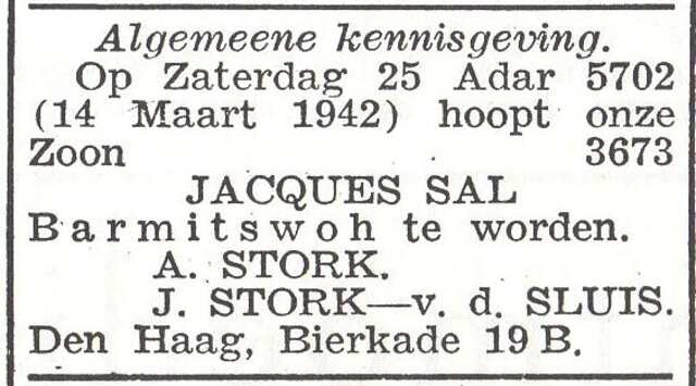 Aankondiging van de bar mitswa van Jacques Salomon Stork
