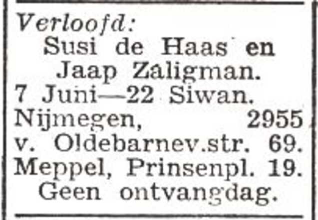 Vermelding van de verloving van Jacob Zaligman en Gezina Henriette de Haas