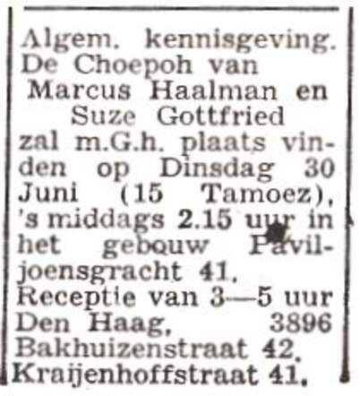 Aankondiging van de huwelijksinzegening van Suze (Sara) Gottfried en Marcus Haalman