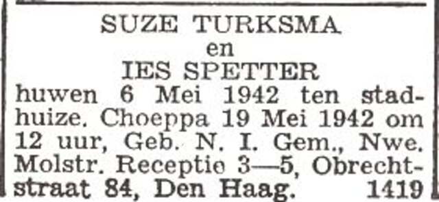 Aankondiging van de huwelijkssluiting-en inzegening van Suze Turksma en Ies Spetter