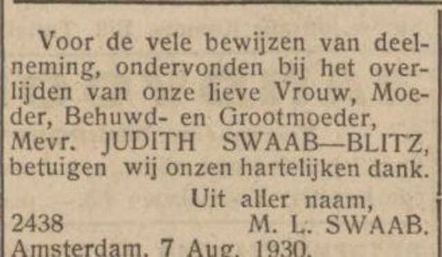 Dankbetuiging bij het overlijden van echtgenote Judith Blitz.