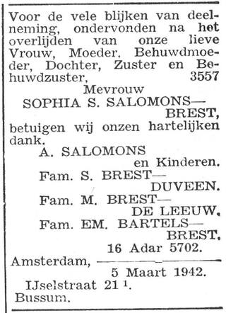 Dankbetuiging van de families Salomons en Brest