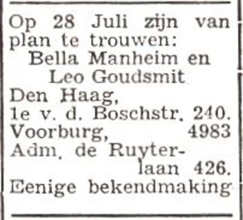 Aankondiging van het huwelijk van Sybilla Manheim en Leo Goudsmit