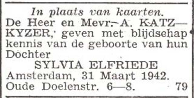 Vermelding van de geboorte van Sylvia Elfriede Katz