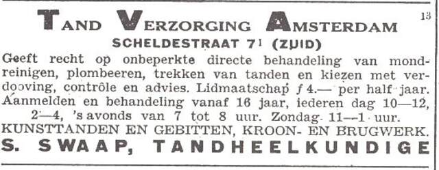 Advertentie van tandheelkundige Samuel Swaap
