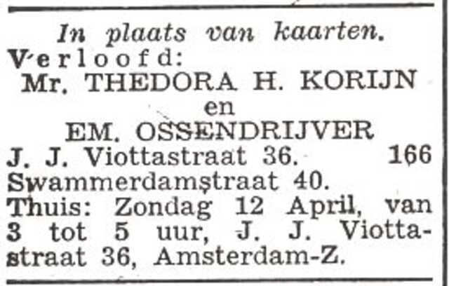 Vermelding van de verloving van Theodora Korijn en Emanuel Ossendrijver