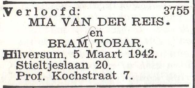 Vermelding van de verloving van Abraham Tobar