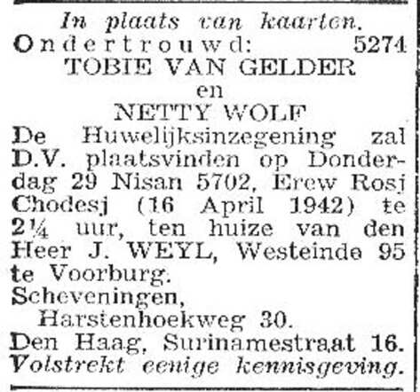 Aankondiging huwelijk van Jeanette Wolff en Tobias van Gelder