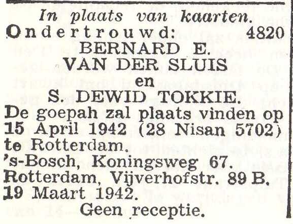 Vermelding van ondertrouw van Bernard Elias van der Sluis en Sibilla Dewed Tokkie