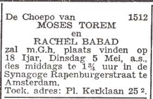 Aankondiging van de huwelijksinzegening van Moses Torem en Rachel Babad