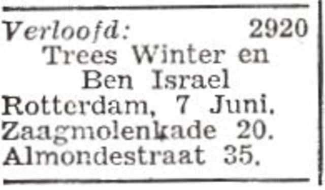 Vermelding van de verloving van Therese Winter en Benjamin Israel