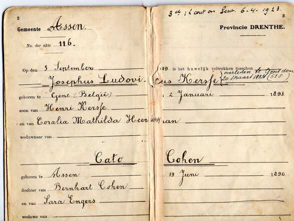 trouwboekje Cato Cohen en Joseph Kersse 5 sept. 1919