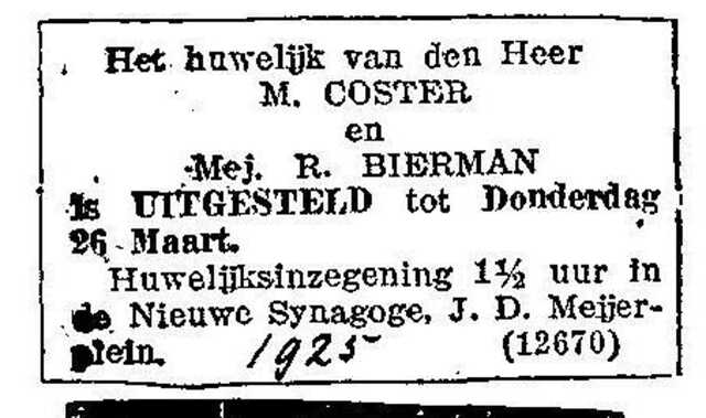 Uitgesteld huwelijk Meijer Coster en Rosette Bierman