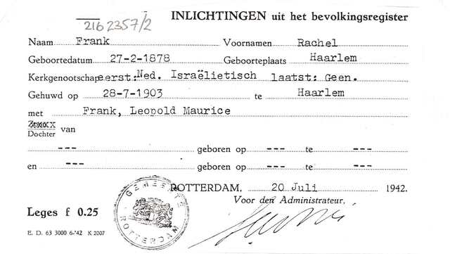Uittreksel uit het bevolkingsregister van Rachel Frank-Frank