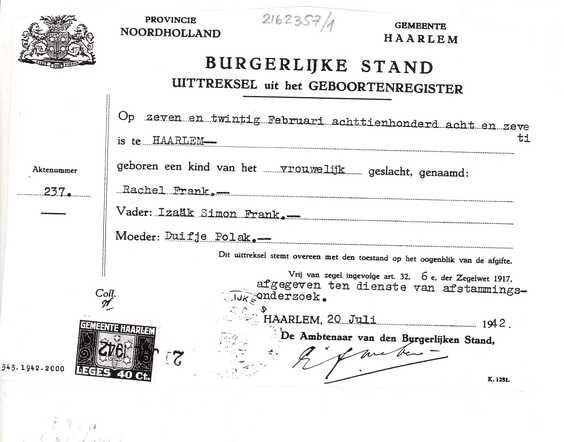 Uittreksel uit het geboortenregister van Rachel Frank-Frank