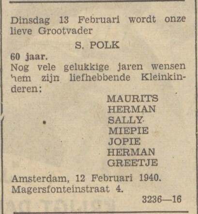Utrechts Volksblad sociaal-democratisch dagblad  13 februari 1940, dag, pag. 9. Adv. Salomon Polk.