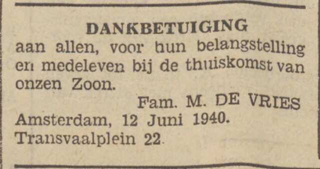 Utrechts volksblad sociaal-democratisch dagblad 13 juni 1940, pag. 6. Adv. gezin M. de Vries-Soesan.