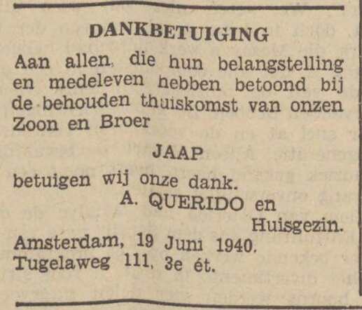 Utrechts Volksblad soc.-dem.  dagblad  20 juni 1940, dag, pag. 6. Dankadvertentie Aron Querido en gezin.
