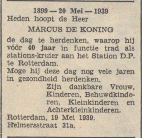 Utrechts Volksblad sociaal-democratisch dagblad  20 mei 1939, dag, pag. 17. Dankadv. Marcus de Koning 40-jarig jubileum.