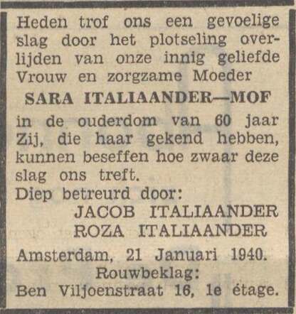 Utrechts Volksblad sociaal-democratisch dagblad  23 januari 1940, dag, pag. 9. Overlijdensadvertentie Sara Italiaander-Mof.