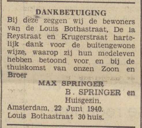 Utrechts Volksblad sociaal-democratisch dagblad  24 juni 1940, dag, pag. 8. Dankadvertentie gezin Barend Springer.