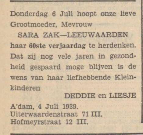 Verjaardagsadvertentie Sara Zak-Leeuwaarden.