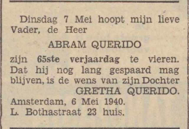 Utrechts Volksblad sociaal-democratisch dagblad 6 mei 1940, dag, pag. 12. Abraham Querido 65 jaar.