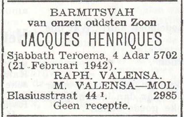 Aankondiging van de bar mitswa van Jacques Henriques Valensa