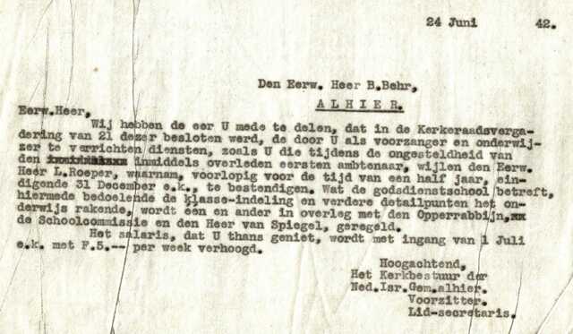 Van Deventer Kerkbestuur aan B.Behr 24-6-1942