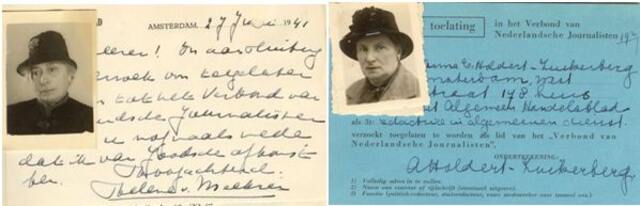 Aanmeldingskaarten voor het Verbond van Nederlandse Journalisten van Helene van Meekren (l) en Anna Holdert-Zuikerberg (r)