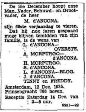 Verjaardagsadvertentie voor Mordechai d'Ancona