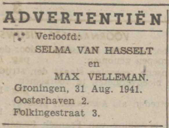 verloving 31 aug 1941 Nieuwblad van het Noorden