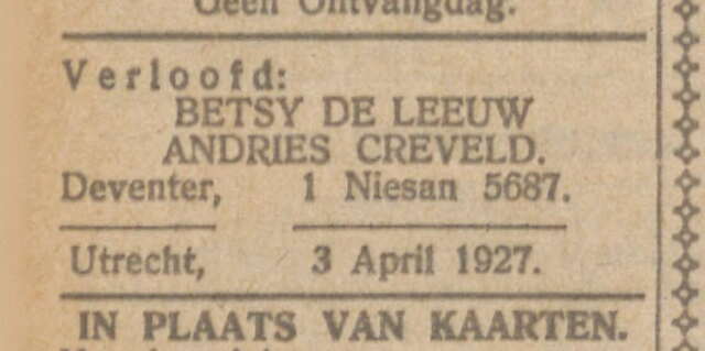 Verloving Betsy de Leeuw  in NIW 8-4-1927