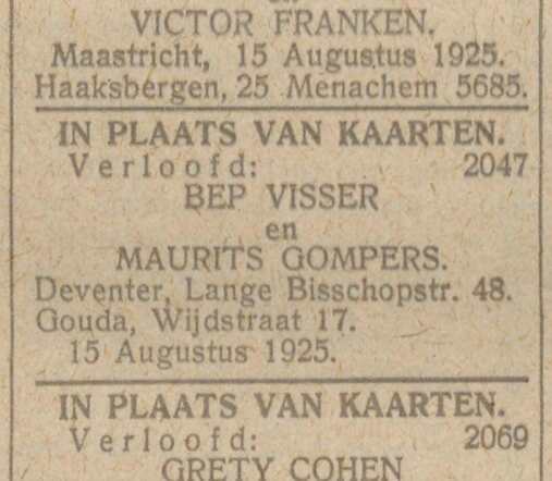 Verloving Maurits Gompers en Bep Visser in NIW 14-8-1925