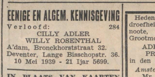 Verloving Wilhelm (Willy) Rosenthal met Cilly Adler in NIW 12-5-1939