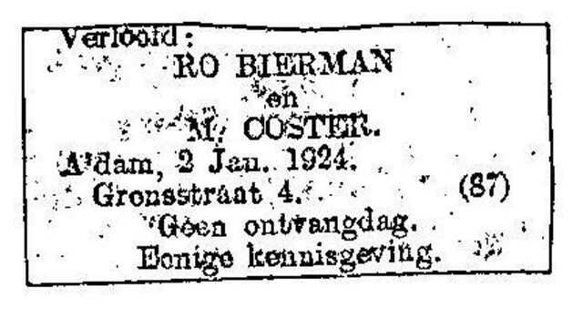 Verlovingsadvertentie Meijer Coster en Rosette Bierman