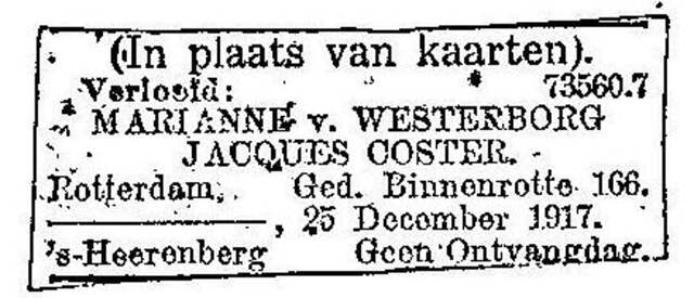 Verlovingsadvertentie van Jacques Coster en Marianne Westerborg