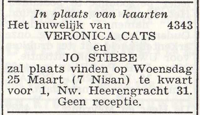 Huwelijksaankondiging van Veronica Cats en Jozef Stibbe