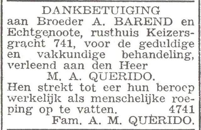 Dankbetuiging voor de goede behandeling in verpleeghuis 'Barend'