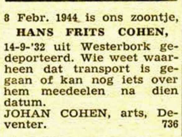Verzoek om inlichtingen over Hans Frits Cohen