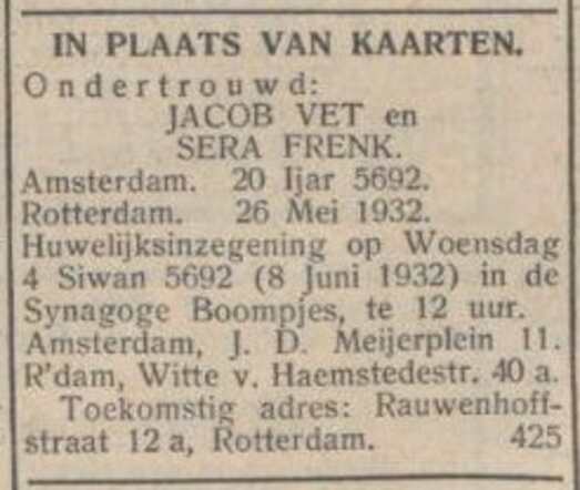 Advertentie van Jacob Vet en Sara Vet-Frenk.