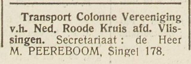 Vlissingsche Courant 16 maart 1939, pag. 8. Adv. Ned. Roode Kruis Vlissingen, secr. Marcus Peereboom.
