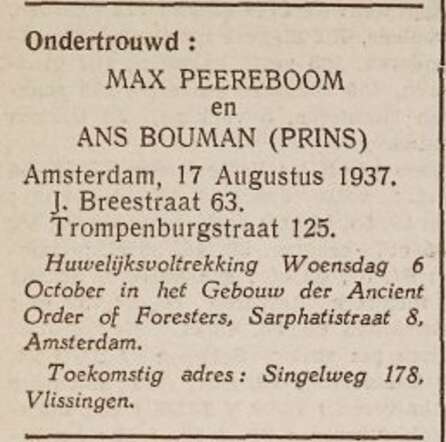 Vlissingsche Courant, 17 augustus 1937, pag. 4. Adv. Marcus (Max) Peereboom en Anna (Ans) Bouman (Prins).