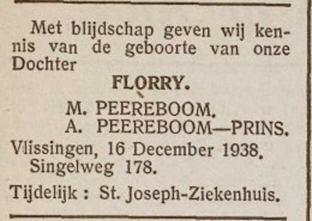 Vlissingsche Courant 17 december 1938, pag. 10. Adv. geboorte Flora (Florry) Peereboom.