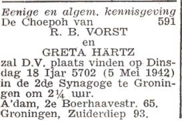 Aankondiging van de huwelijksinzegening van Greta Härtz en Ruben Benjamin Vorst