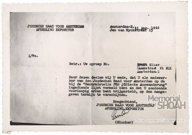 Vrijstellingsbewijs voor Louis Slier, augustus 1942